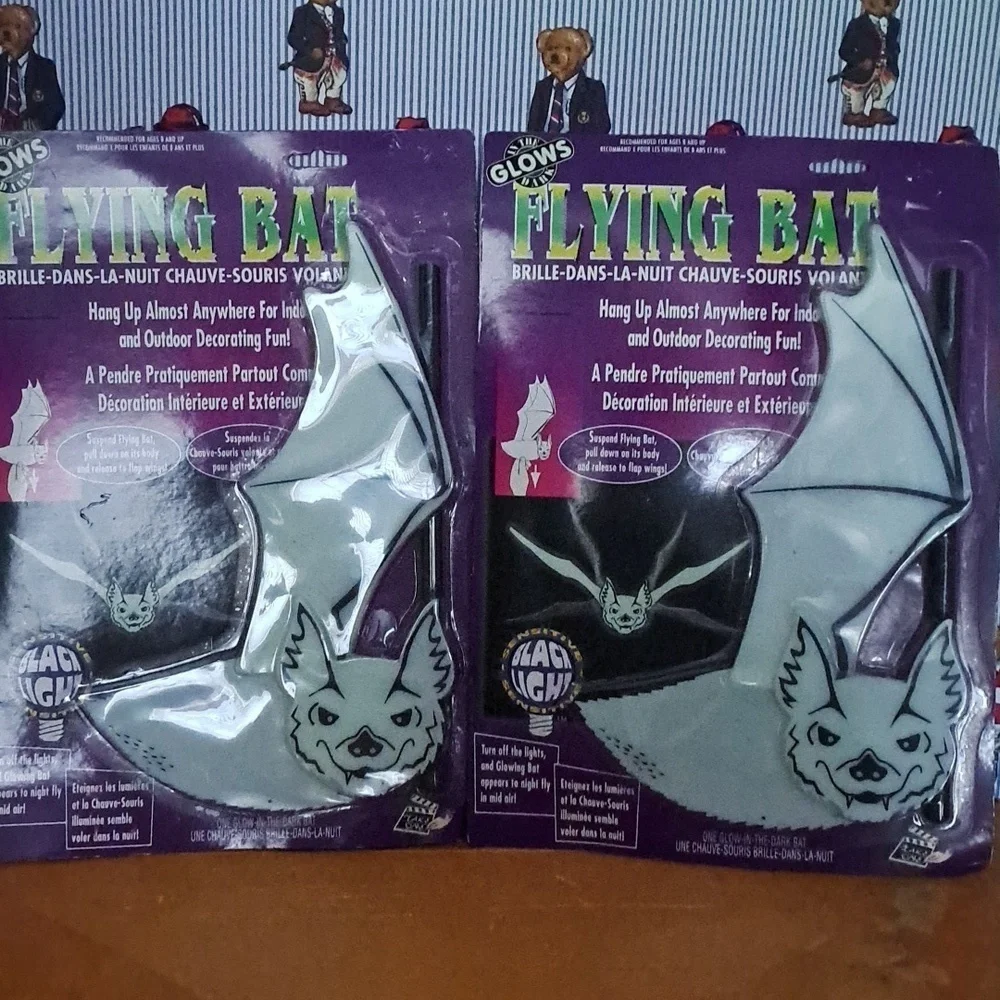 2 Vintage 1998 glow-in-the-dark decorative Halloween indoor outdoor flying bat